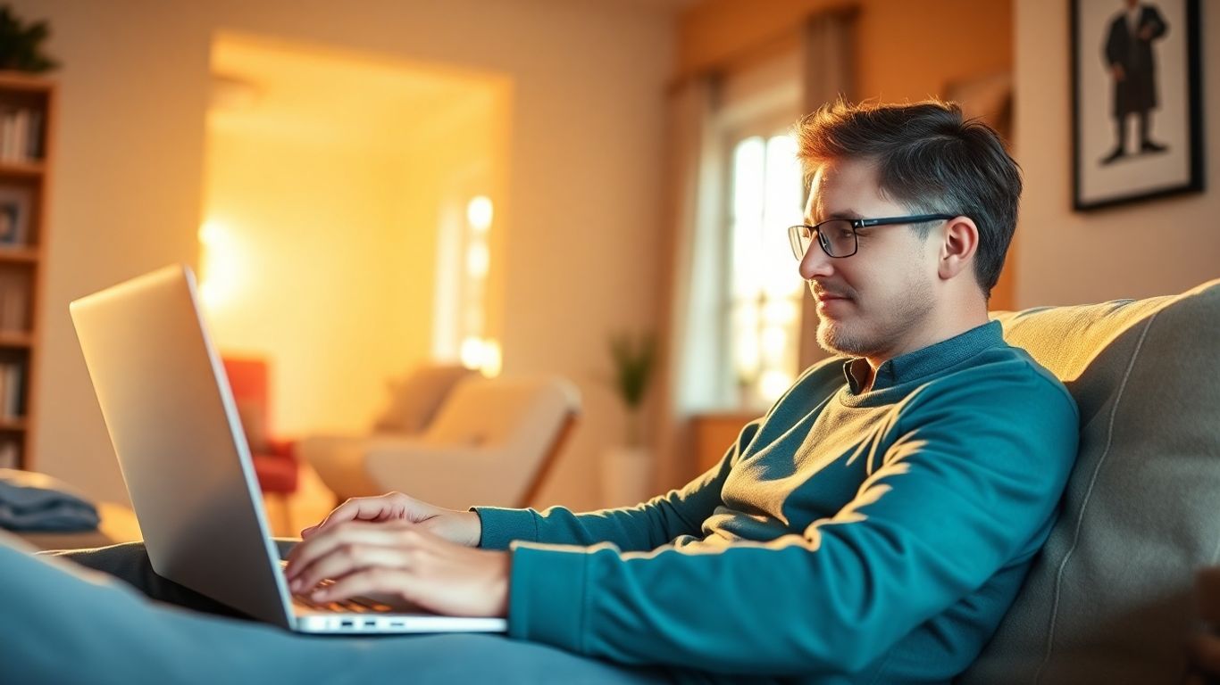 Person working on laptop at home, earning money.