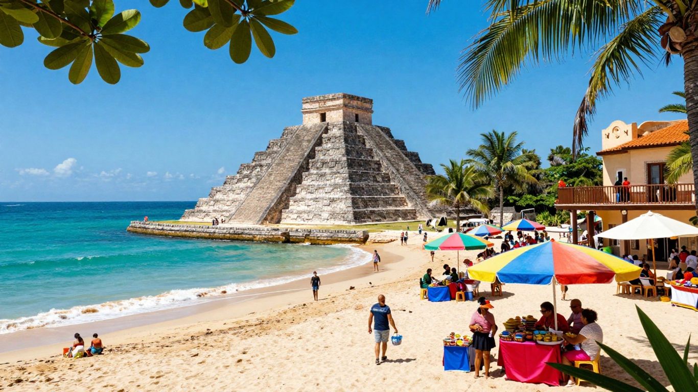 Vibrant Mexican beach scene with pyramids and markets.