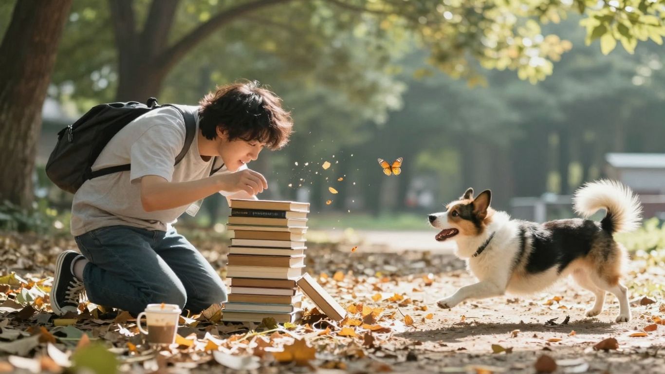 Person stumbling with books, dog chasing butterfly in sunlight.