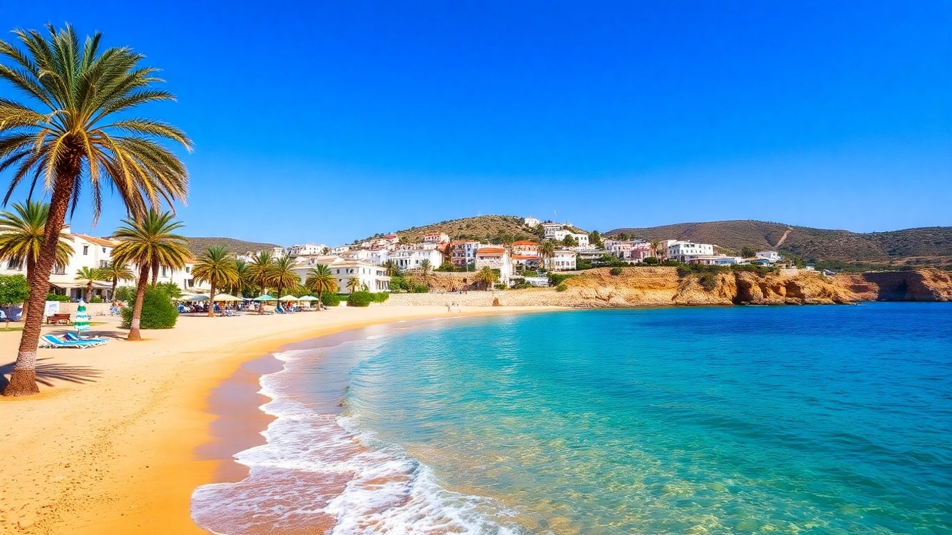Sunny European beach with clear blue water and palm trees.
