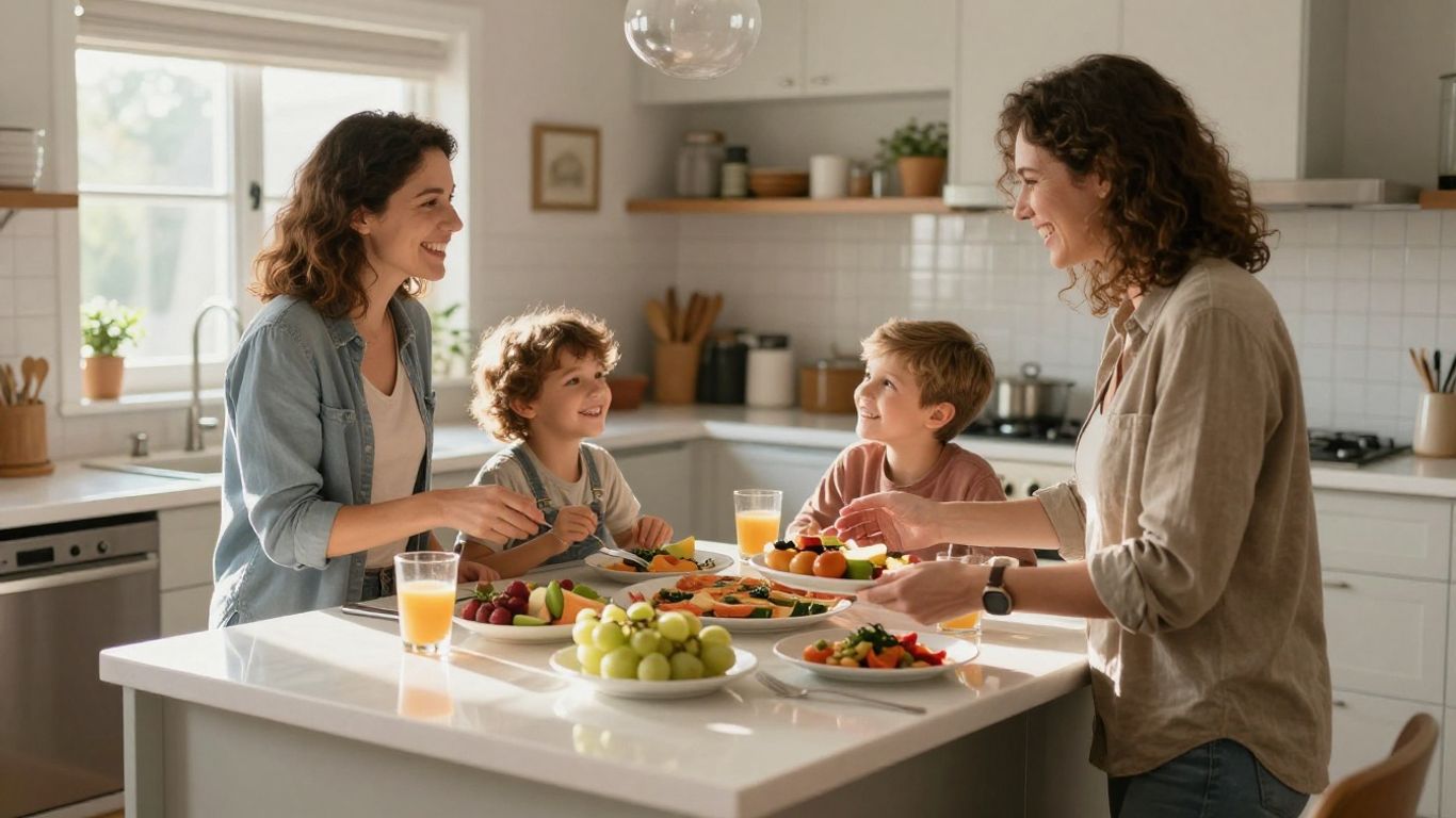 Family peacefully sharing a meal in a bright kitchen.