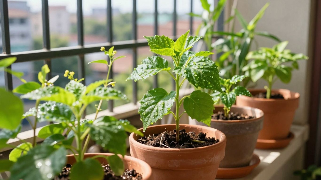 Urban Gardening Saisonstart auf einem sonnigen Balkon mit jungen Pflanzen.