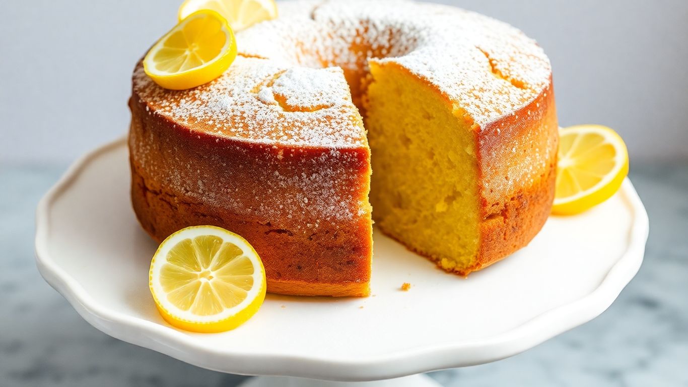 Moist lemon olive oil cake with powdered sugar and lemon slices.