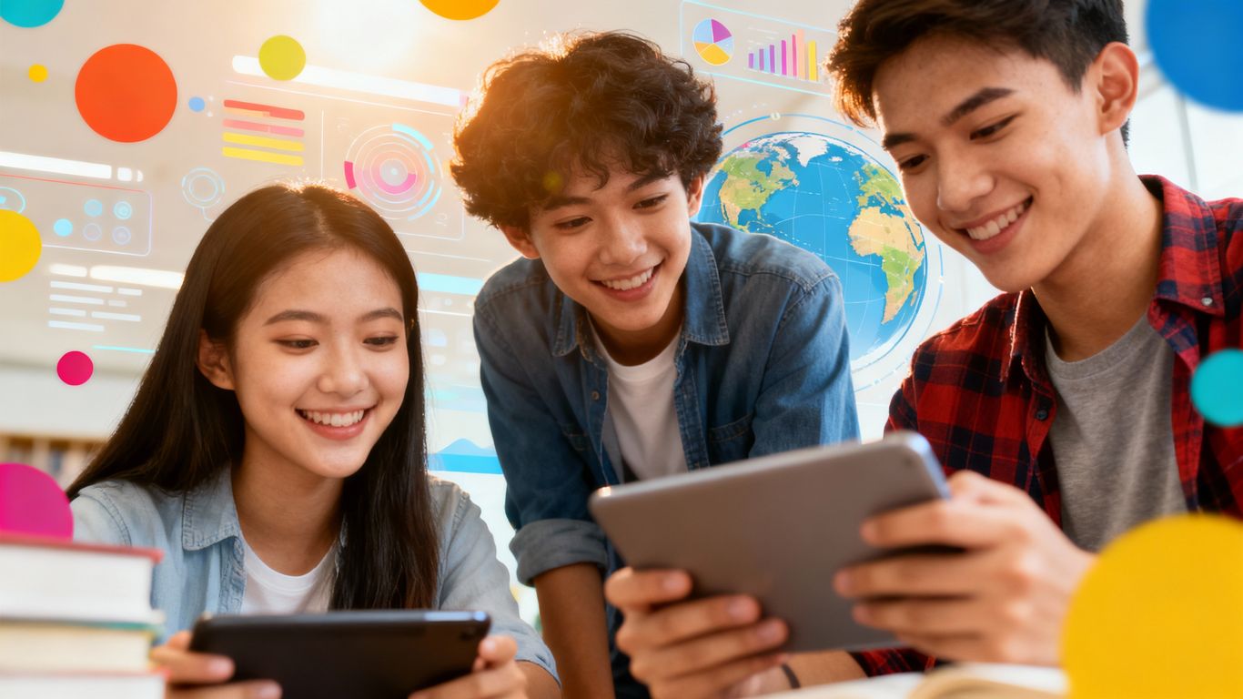 Diverse people learning languages on digital devices.