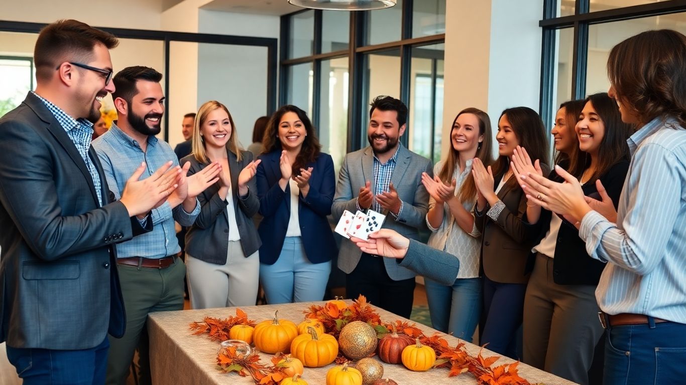 Corporate team laughing with magician performing card trick