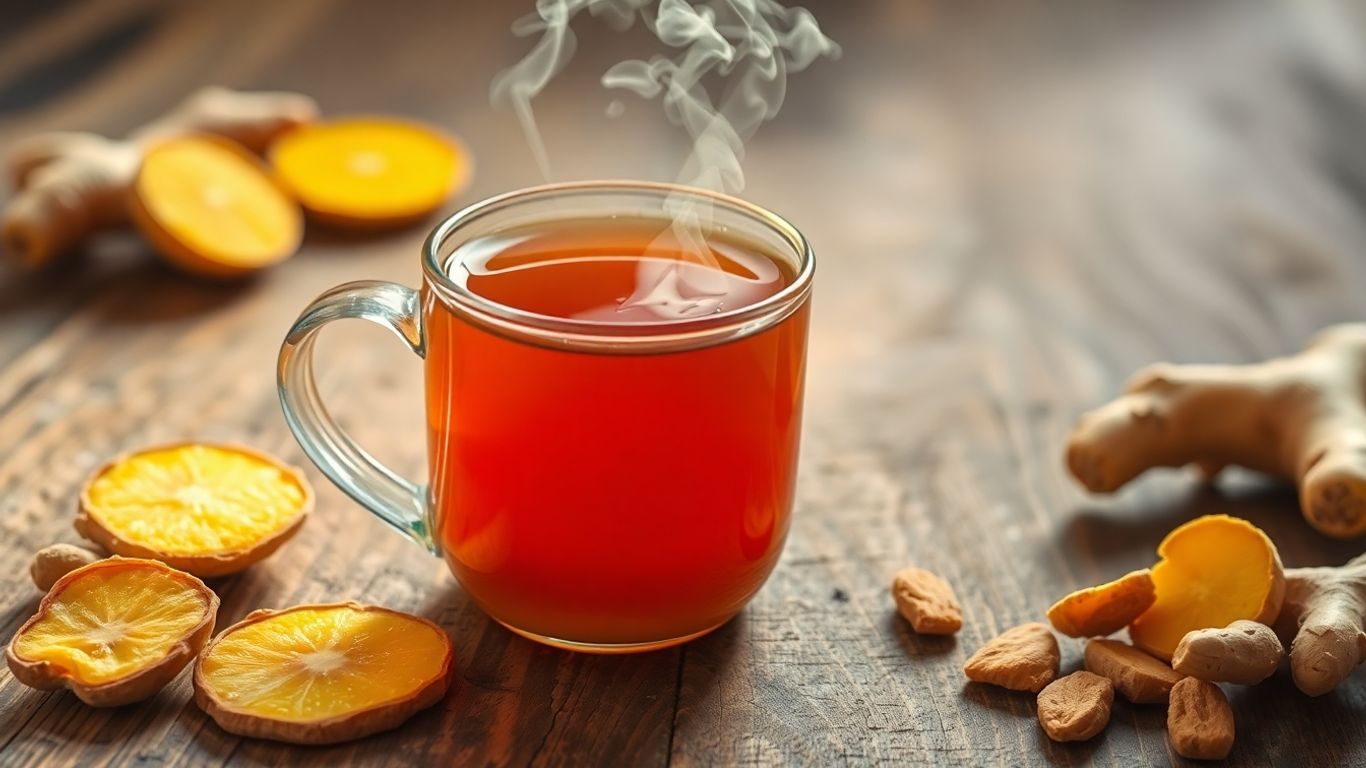 Steaming mug of ginger tea with fresh ginger root slices.