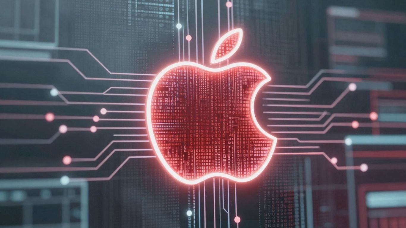 Apple logo with security shield, digital threat concept.