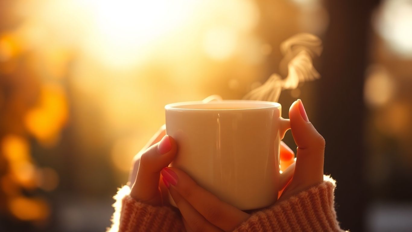 Hands holding a warm mug, conveying gratitude and peace.