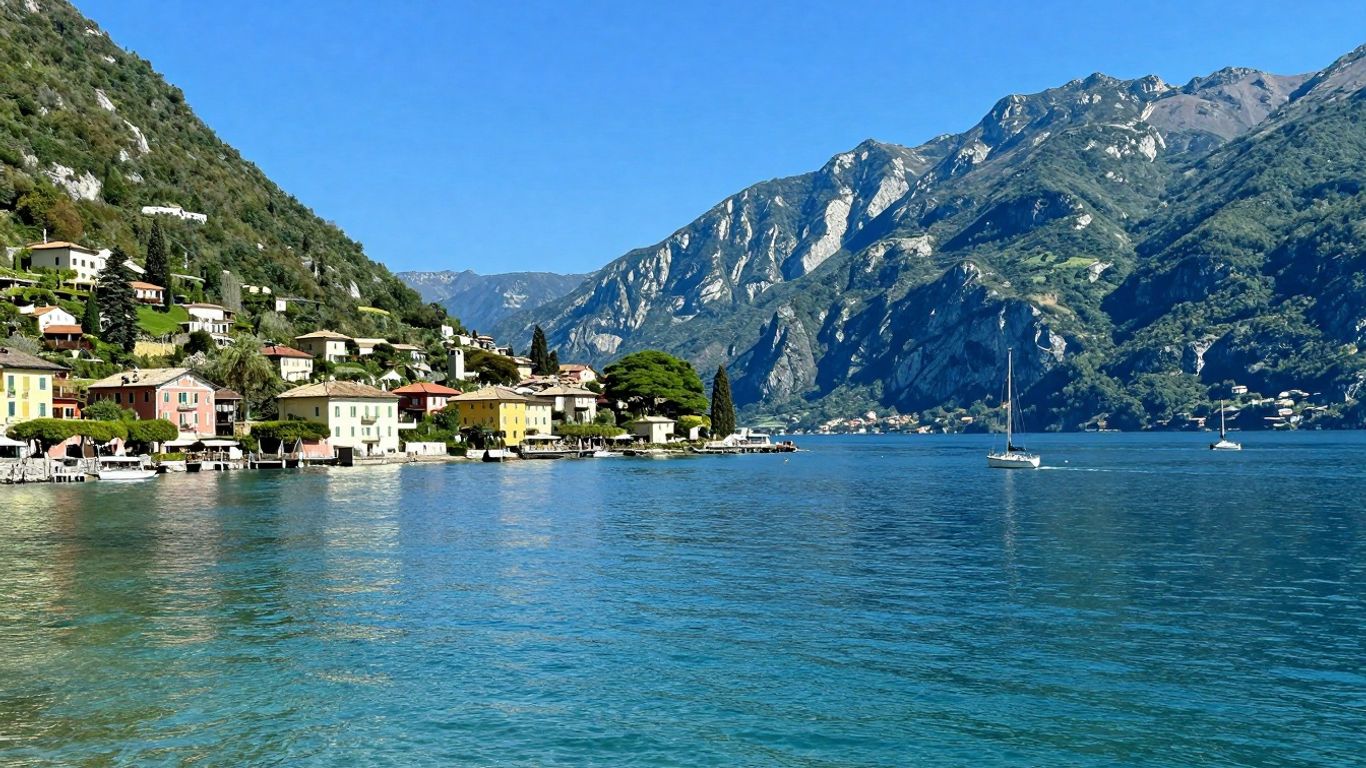 Scenic view of Lake Garda with mountains and villages.
