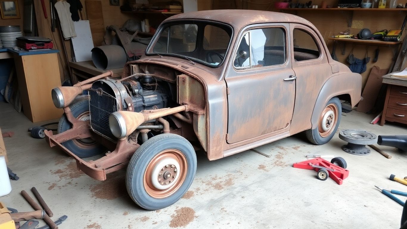 Rusty Fiat undergoing restoration in a workshop.