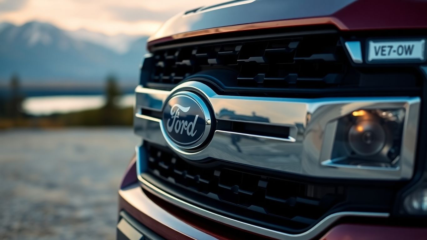 Ford vehicle grille and headlights with Canadian landscape.