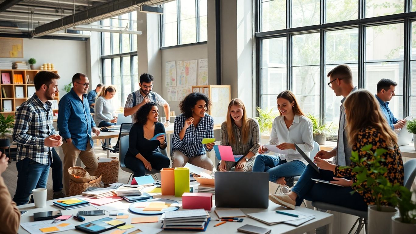 Creative team working together in a lively workspace
