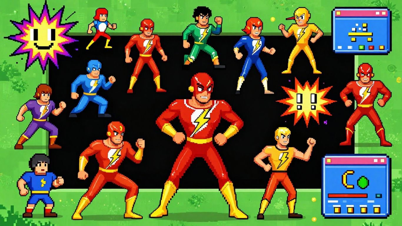 Classic Flash game characters and vibrant game elements collage.