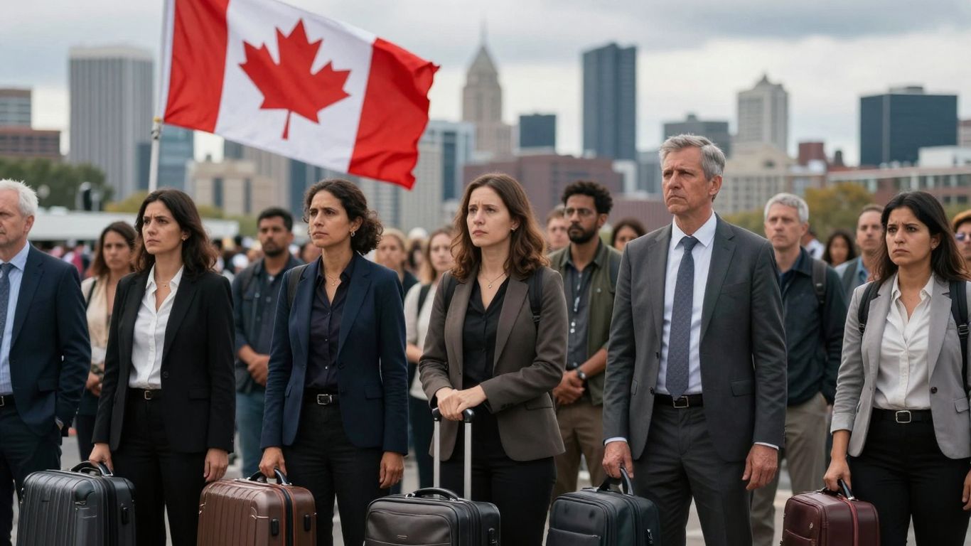 People with luggage near Canadian flag, uncertain future.