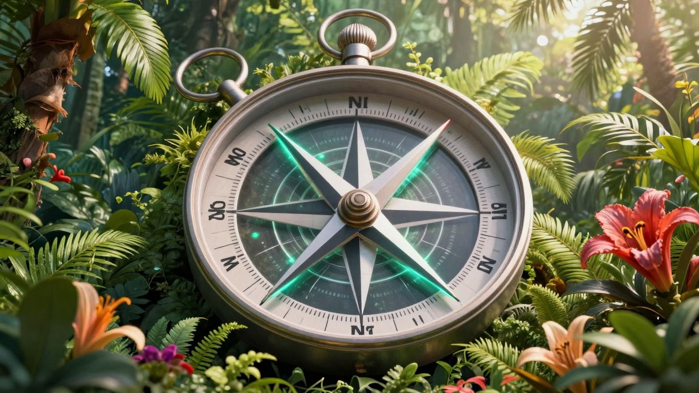 Compass navigating a vibrant jungle for SEO content.
