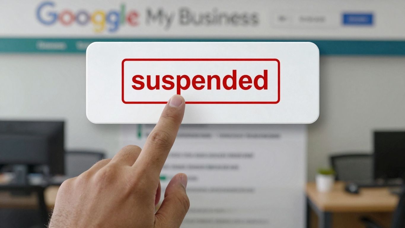 Google My Business suspended listing alert with a pointing finger.