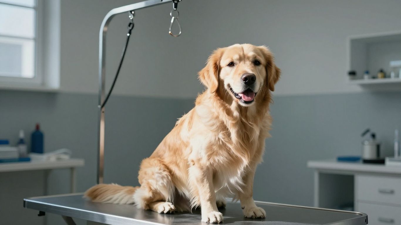 Happy dog with veterinarian in a clinic.