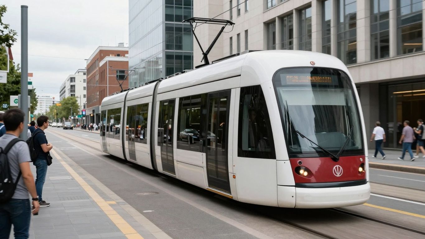 Tram modern în oraș, navetiști așteptând.