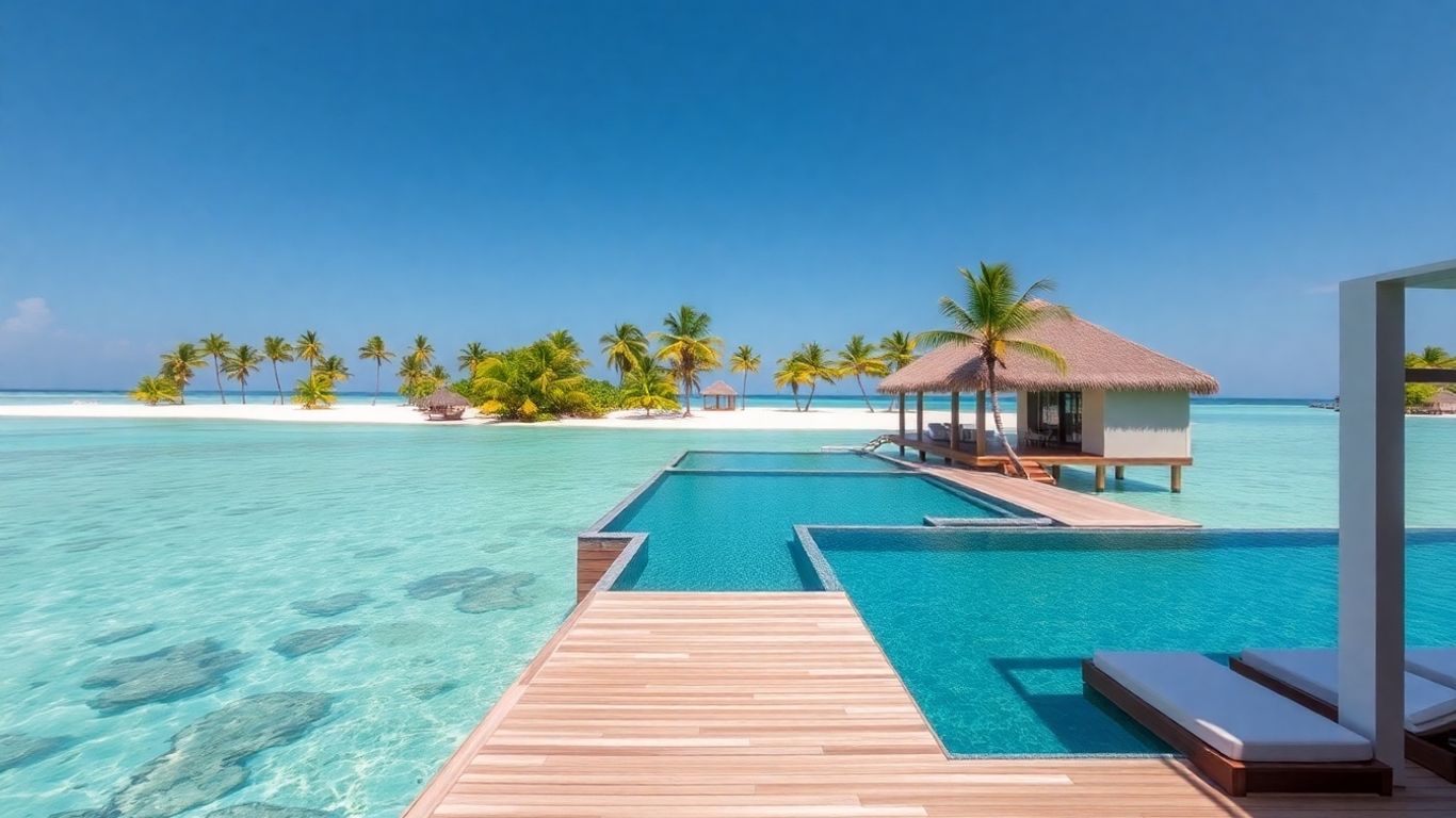 Maldives overwater bungalow with infinity pool and turquoise lagoon.
