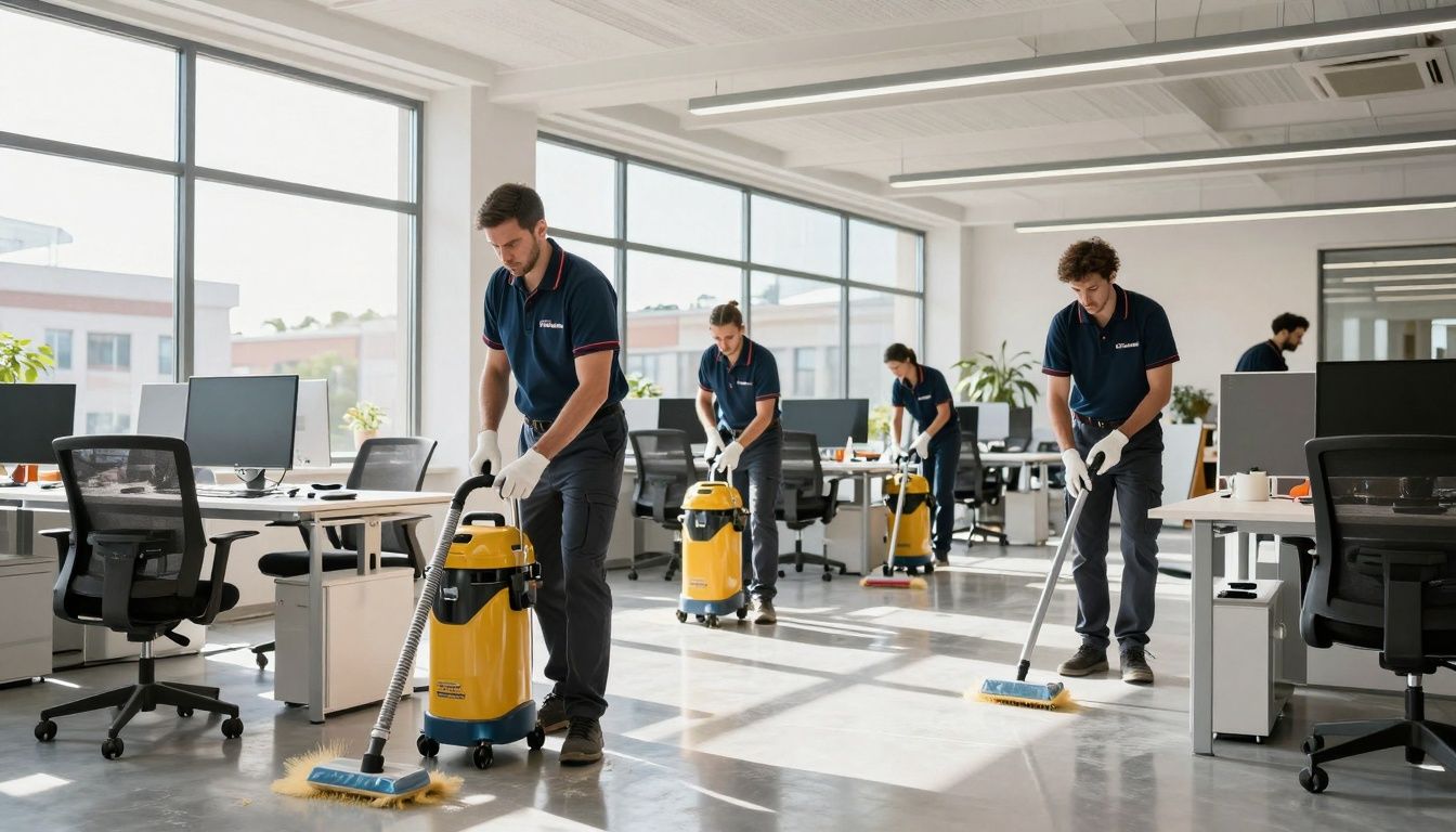Professional cleaning team working in a bright Marseille office.