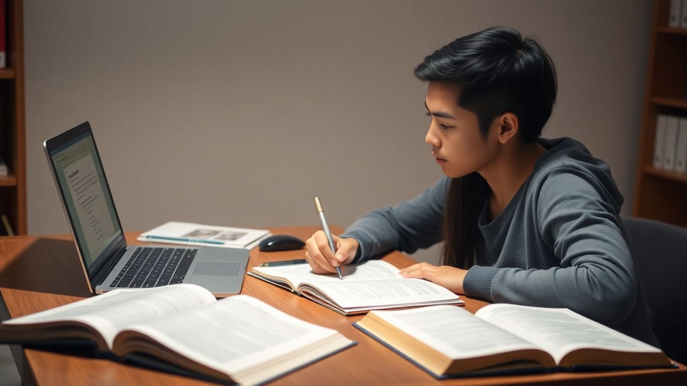 Student studying for TOEFL writing integrated task.