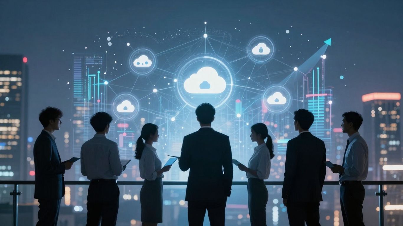 Futuristic IT support outsourcing infographic