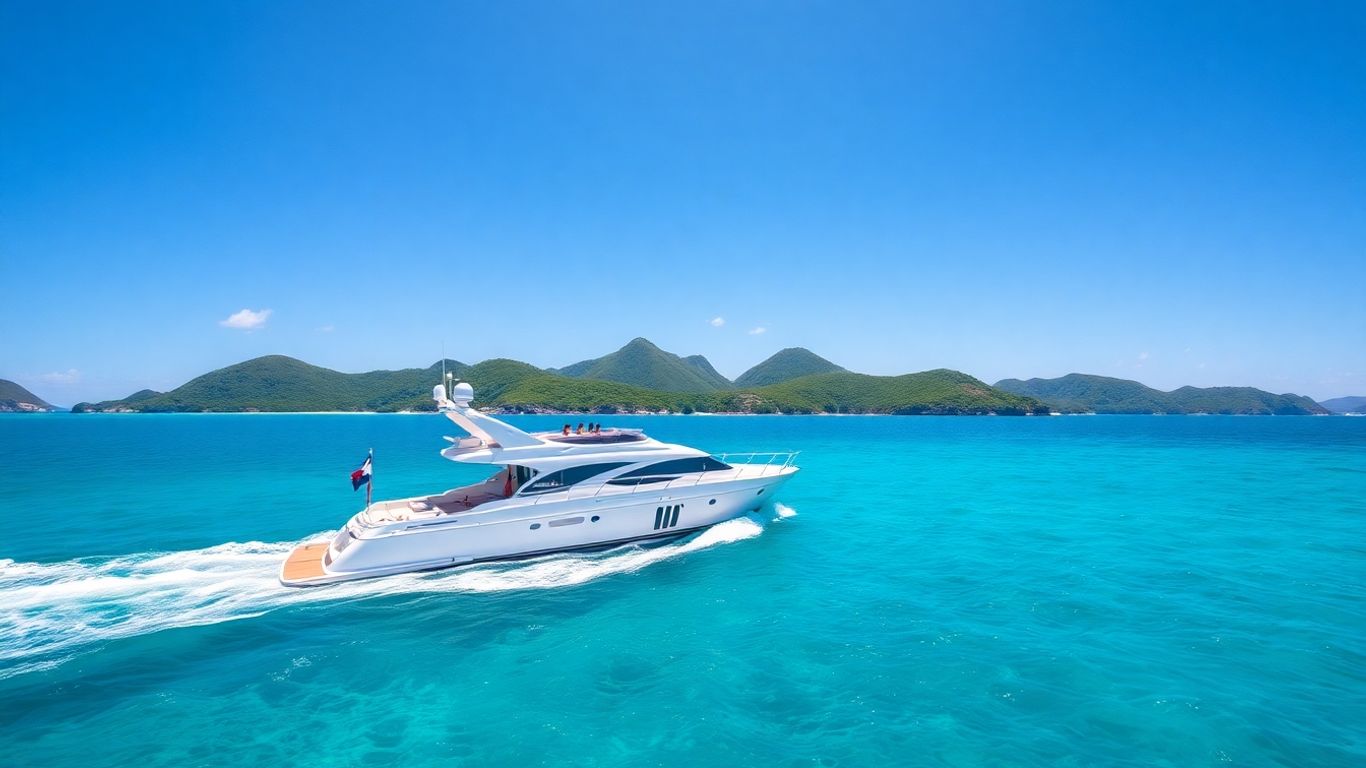 Yacht sailing in Tortola's clear blue waters with green islands.