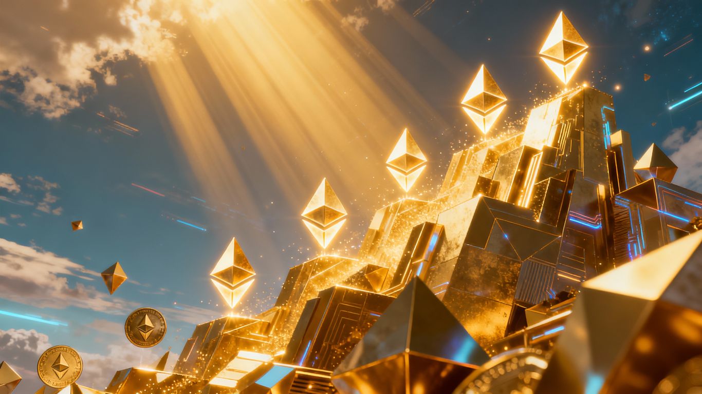 Ethereum logos rising in a futuristic digital landscape.