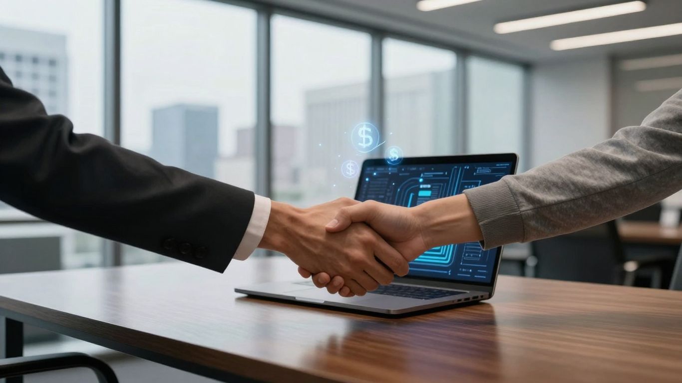 Hands shaking over a desk with digital currency symbols.