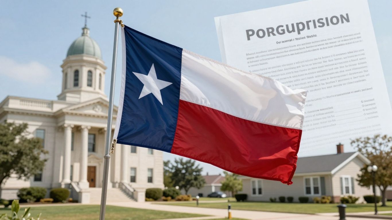 Texas flag, courthouse, and house with legal documents.