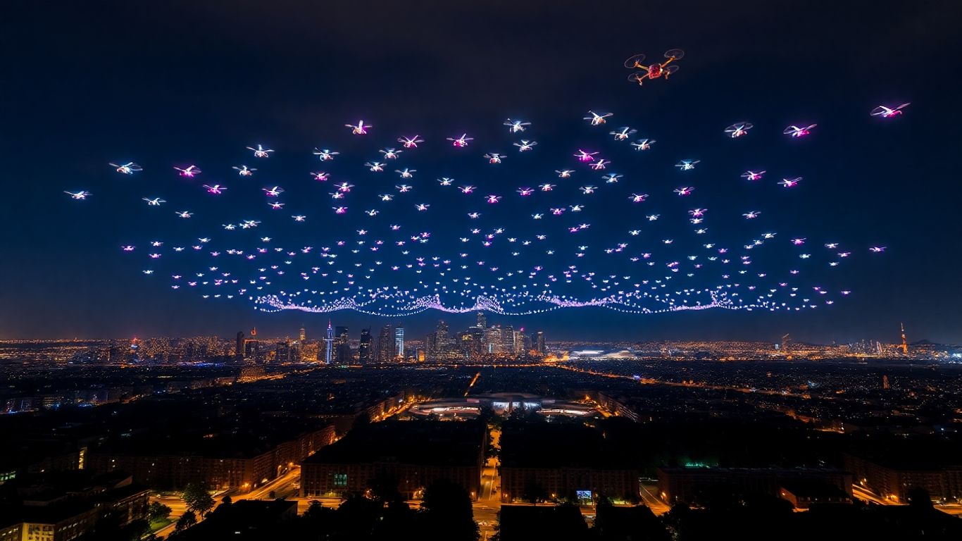 Pertunjukan drone warna-warni di langit malam kota.
