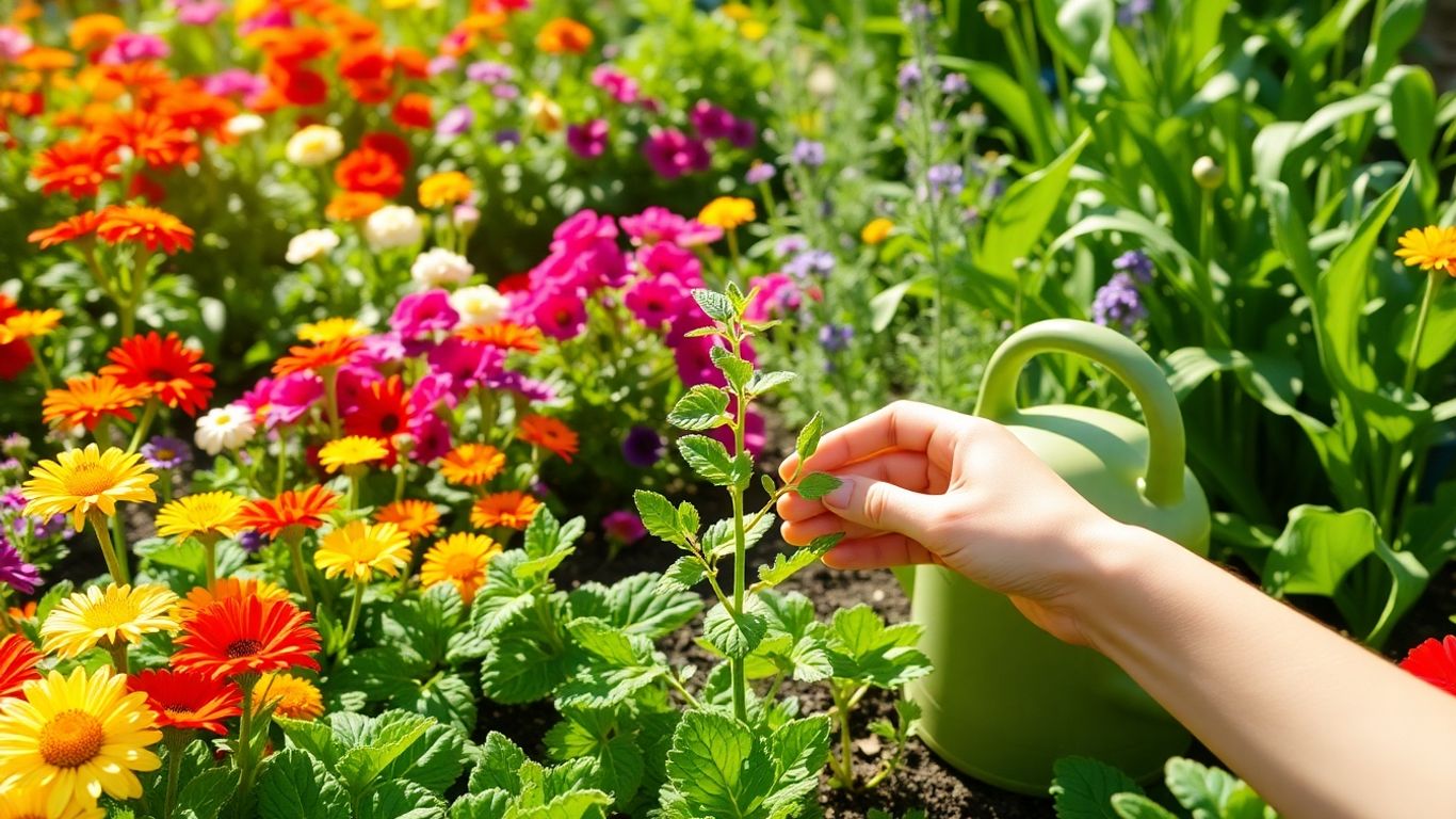 Hands planting a seedling in a vibrant garden.