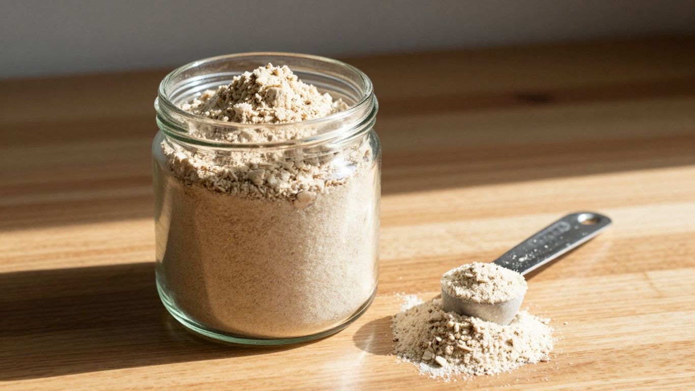 Psyllium husk powder in a jar with a measuring spoon.