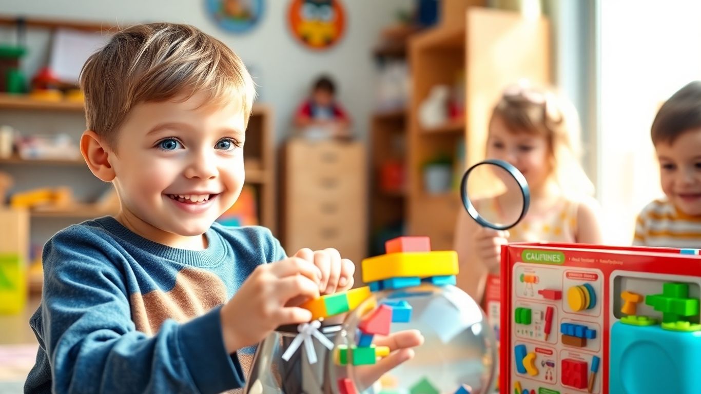 Boy opening building blocks, child with magnifying glass and science kit.