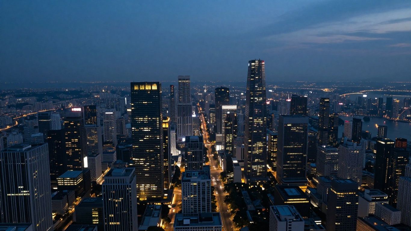Modern cityscape at dusk with illuminated skyscrapers.