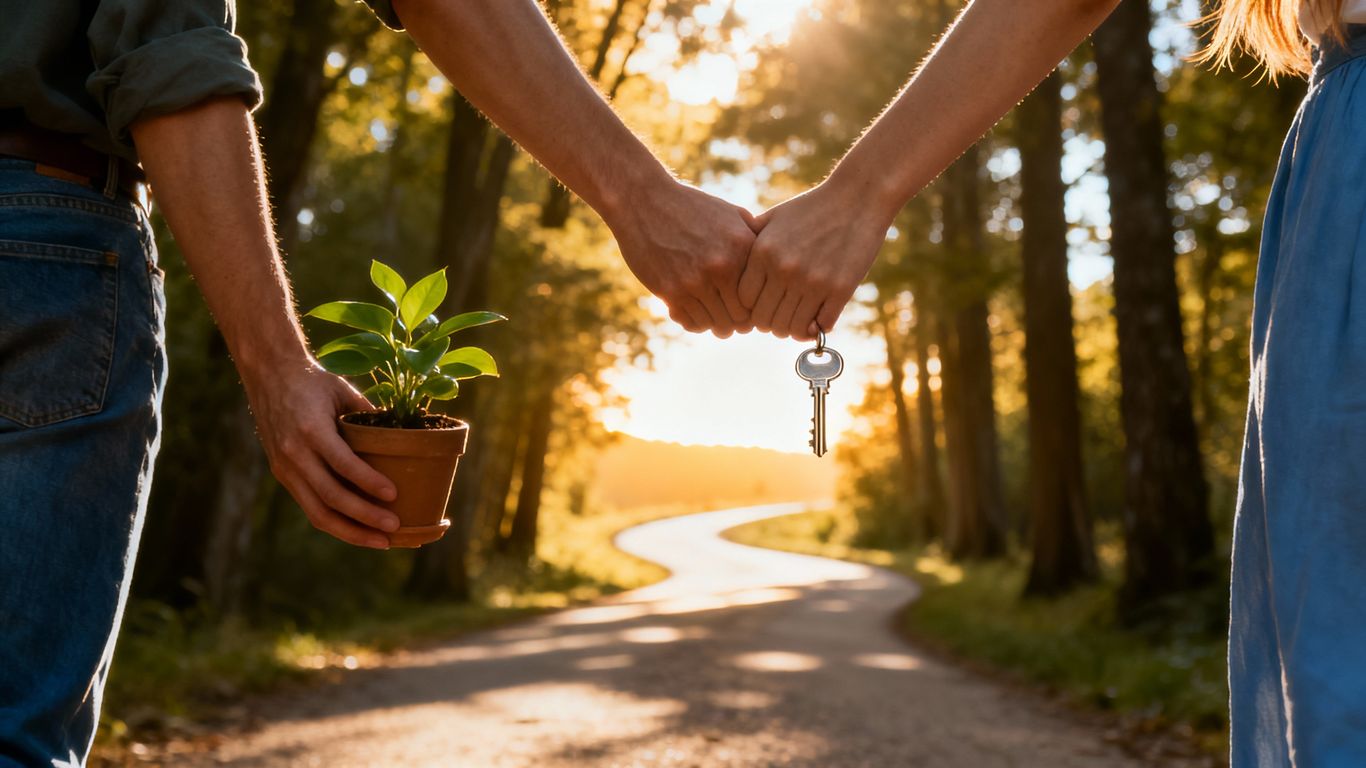 Couple walking on a path towards a bright future.