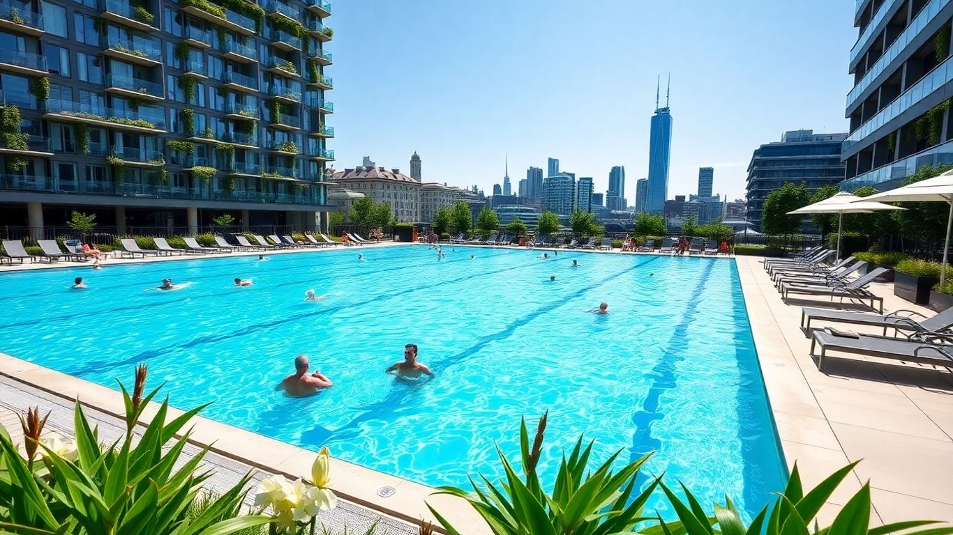 London pool with swimmers and city skyline