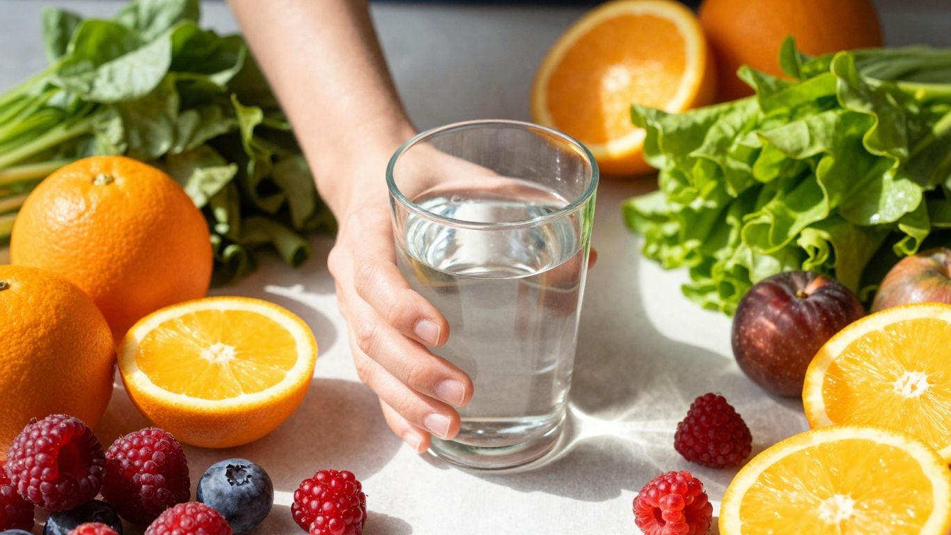 Person with water, fruits, and vegetables.