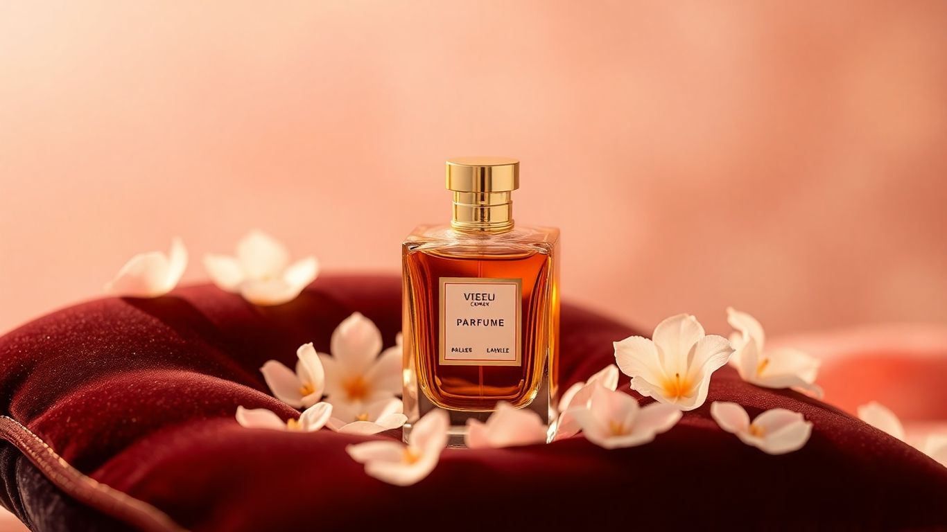 Elegant perfume bottle with floral accents and golden light.