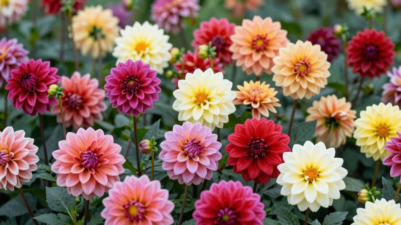 Verschillende soorten bloeiende dahlia's in een tuin.