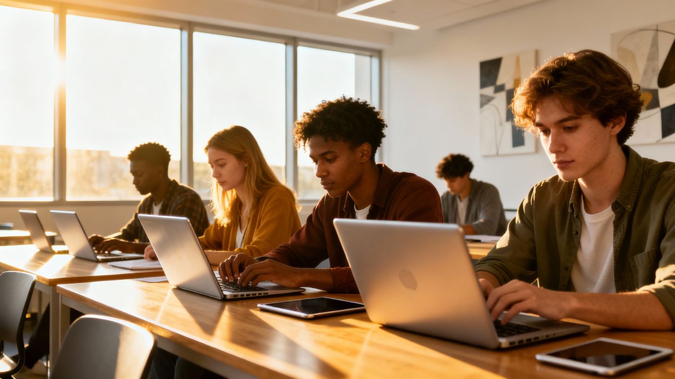 Students learning digitally with laptops and tablets.