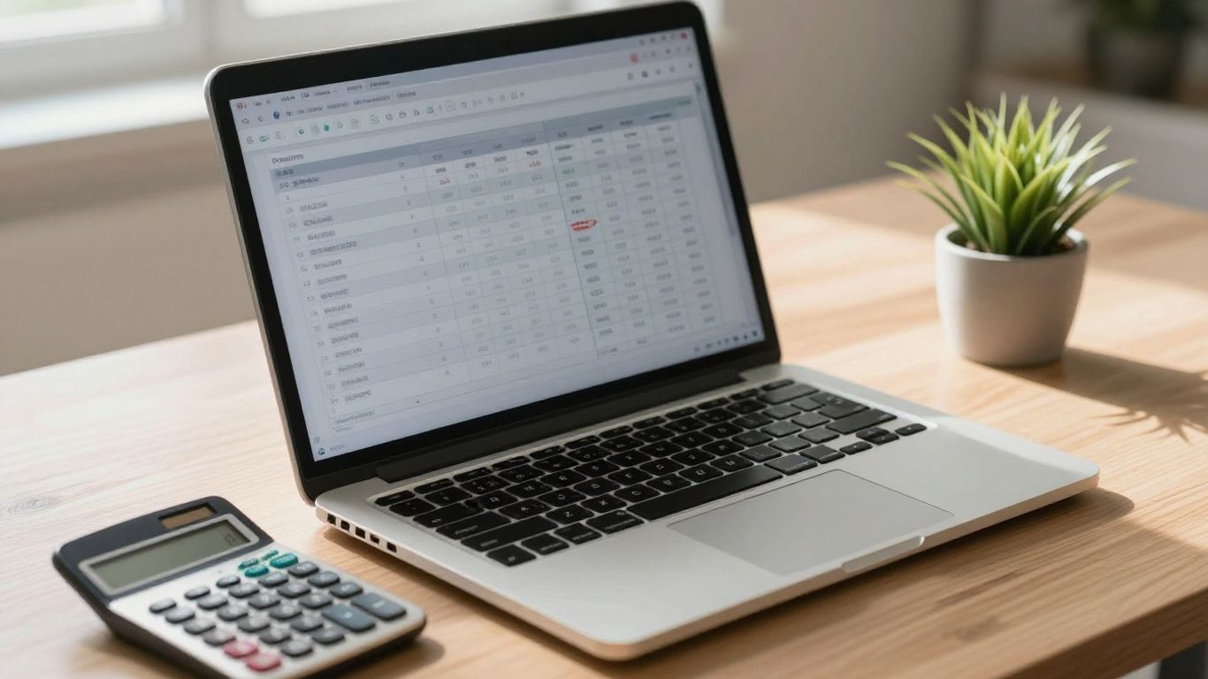 Stôl s notebookom a finančnými záznamami.