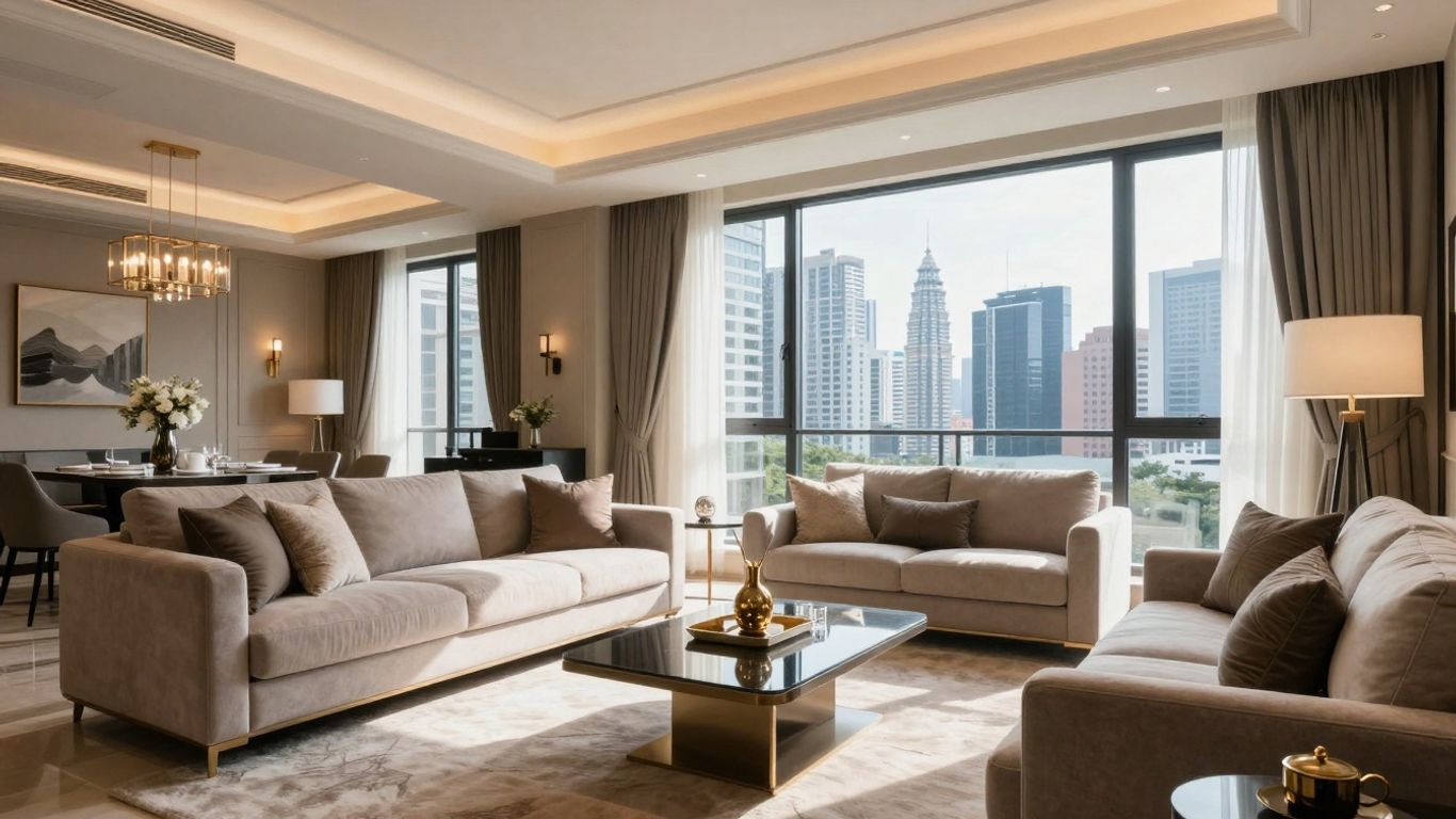 Spacious serviced apartment living room with city view