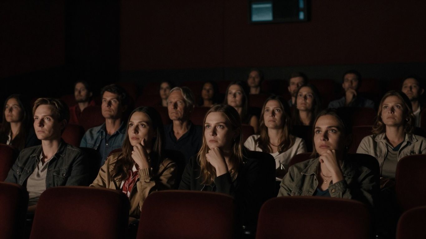 Oameni urmărind un film într-o sală de cinema.