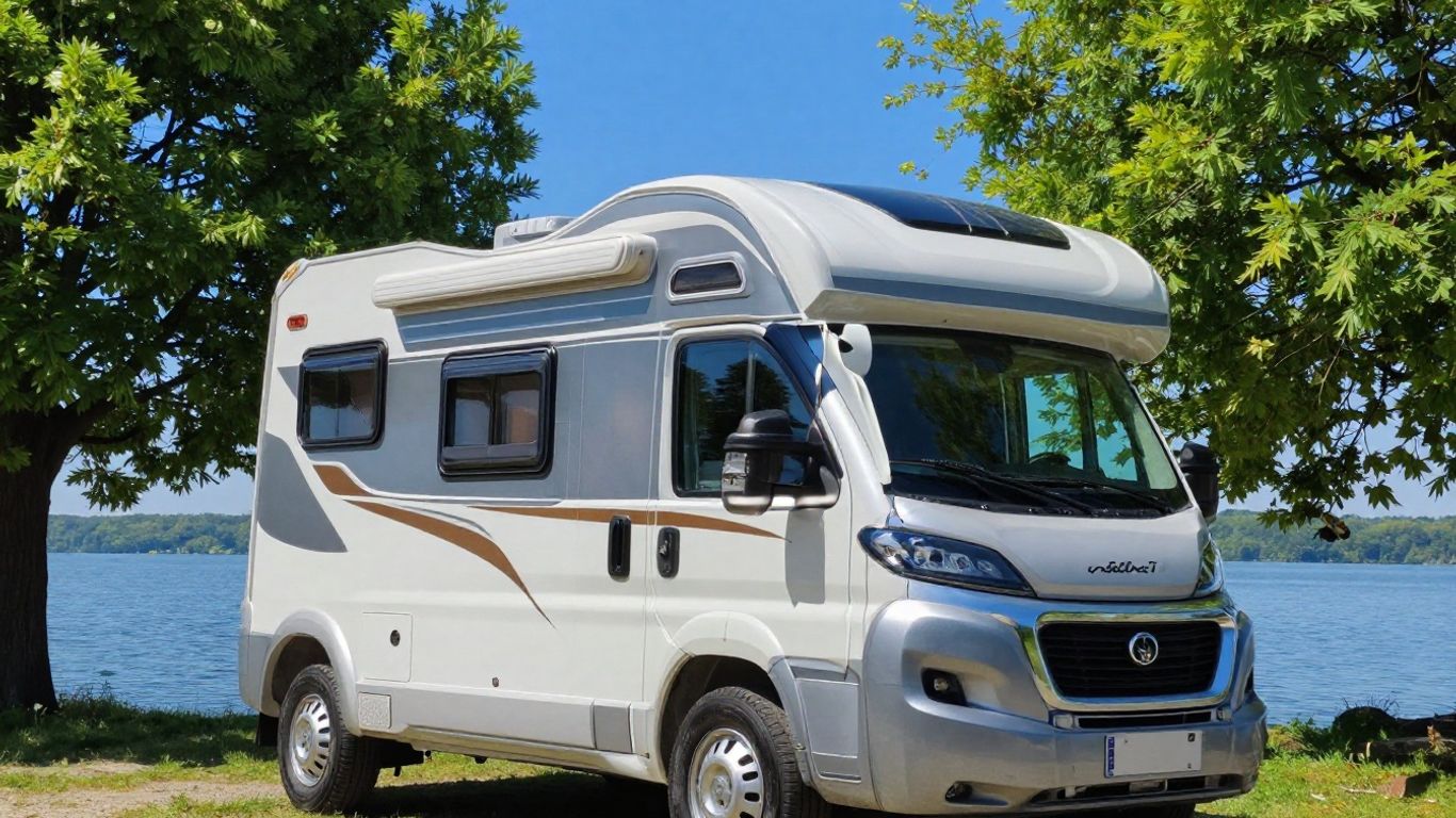 Motorhome parked by a lake with trees and blue sky.