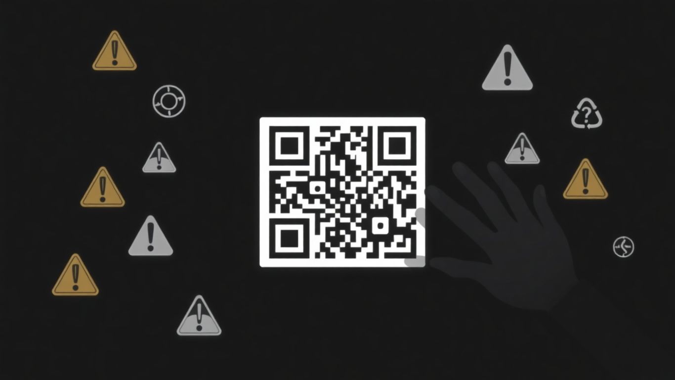QR code entouré d'icônes de sécurité et main suspecte