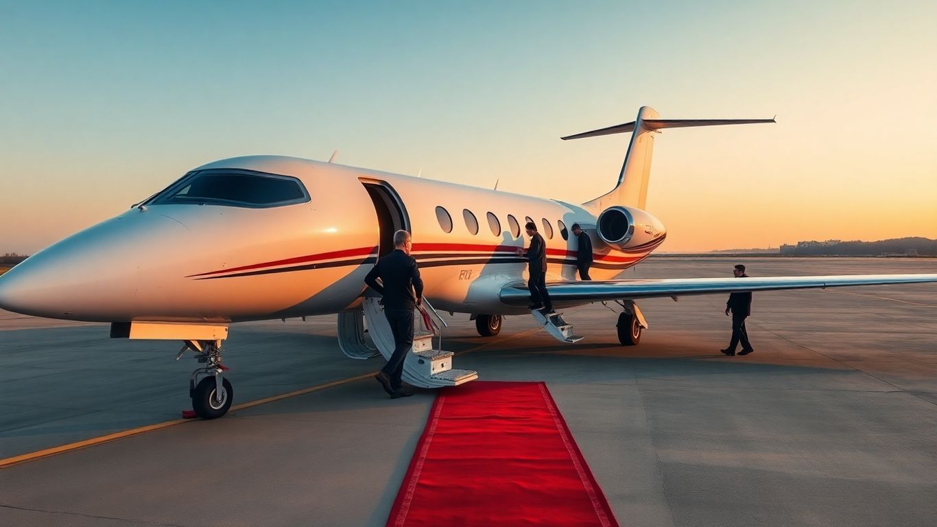 Private jet on tarmac with passengers boarding.