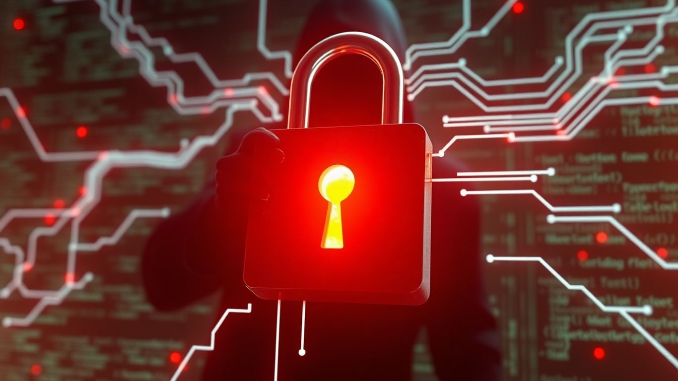 Digital lock with glowing keyhole and abstract code streams.