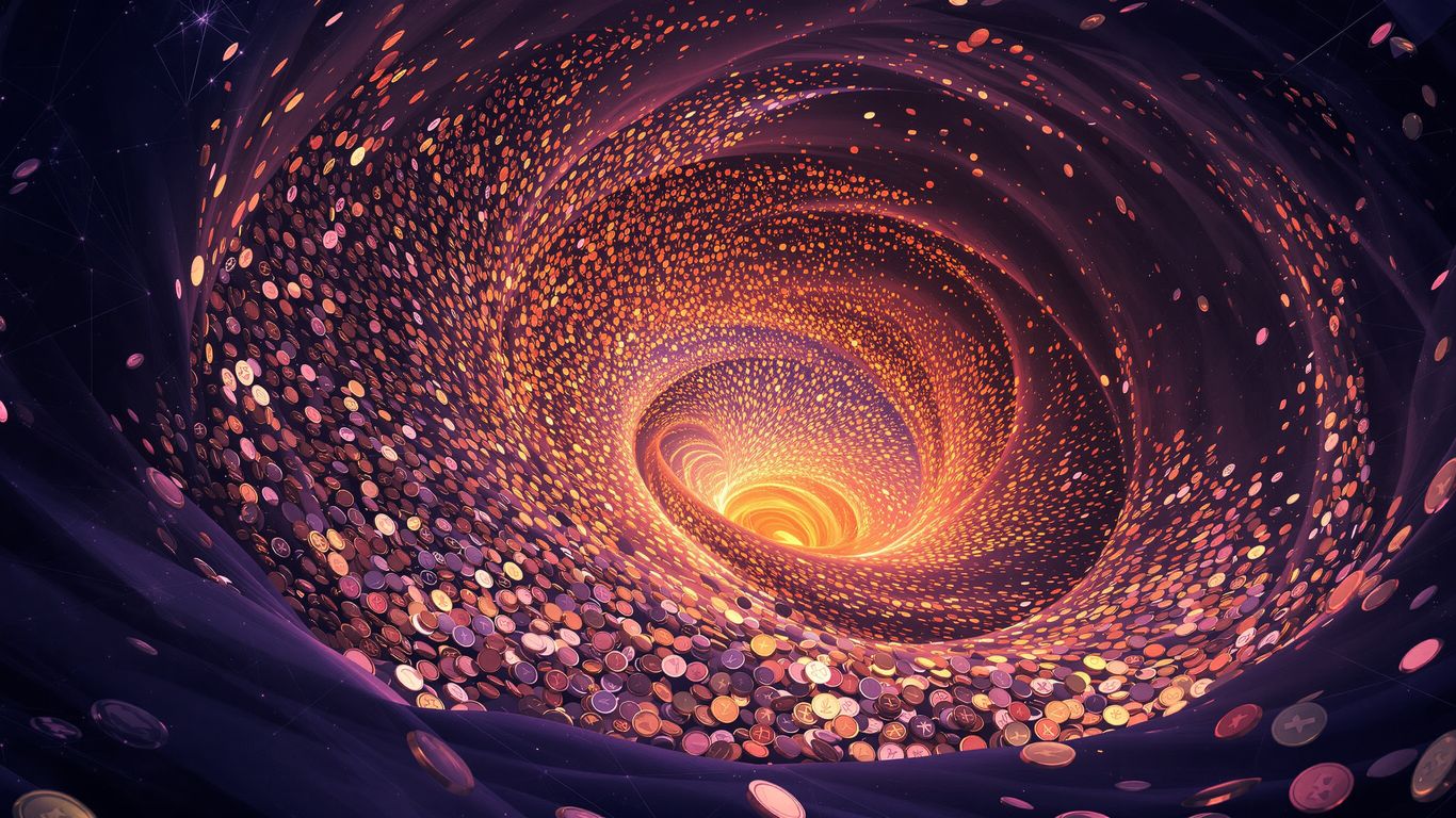Ethereum blockchain vortex with massive coin accumulation.