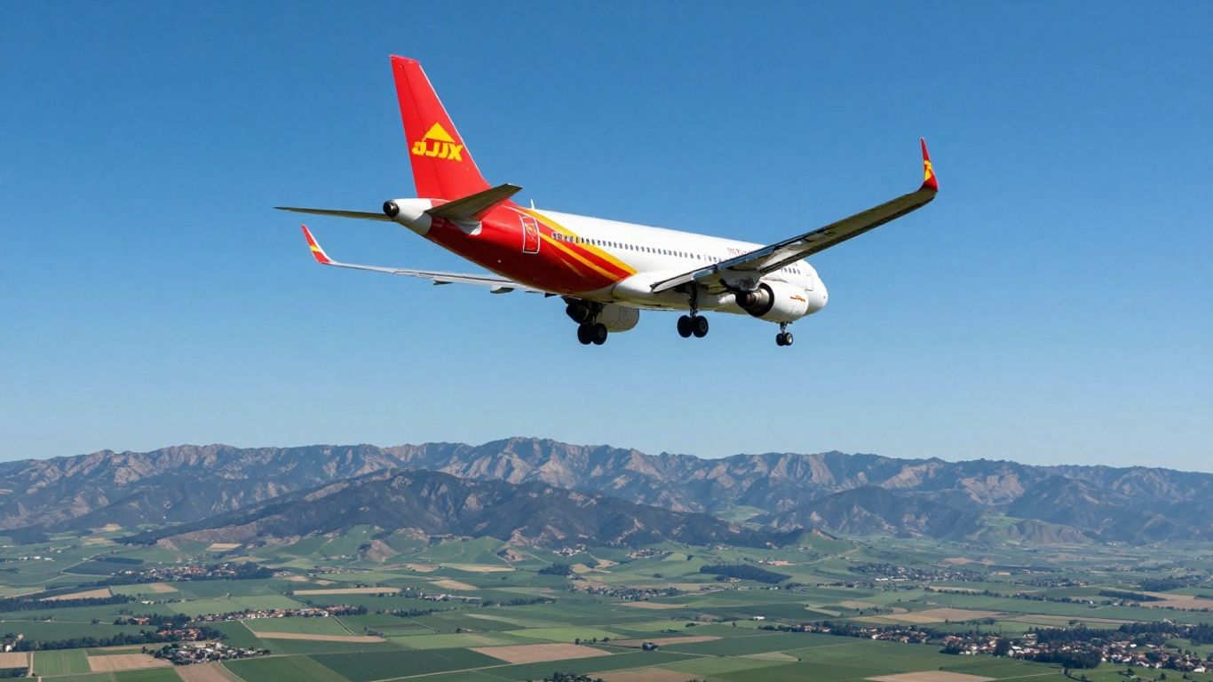 JSX airplane flying over scenic landscape.